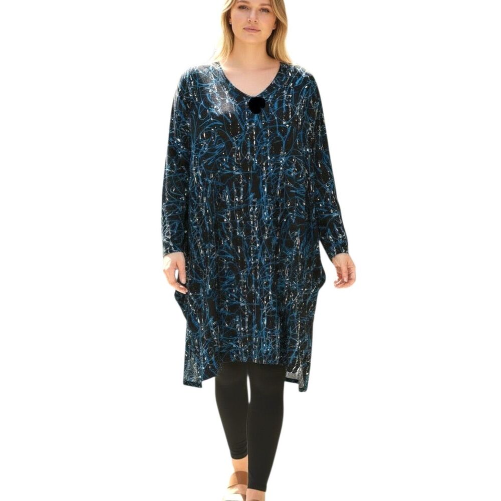 ULLA POPKEN NWT Sz 24/26 Blue Black Abstract Side Slits L/S Dressy Duster Jacket